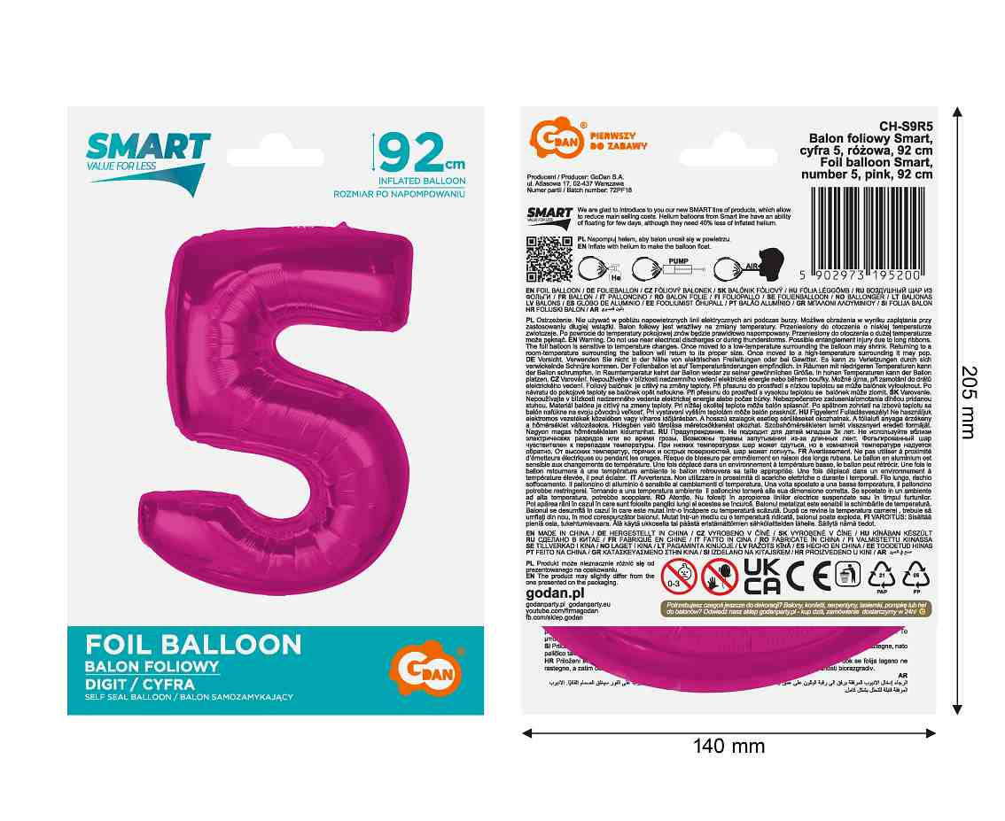 Balon foliowy Smart cyfra 5 różowa 92cm CH-S9R5 GoDan